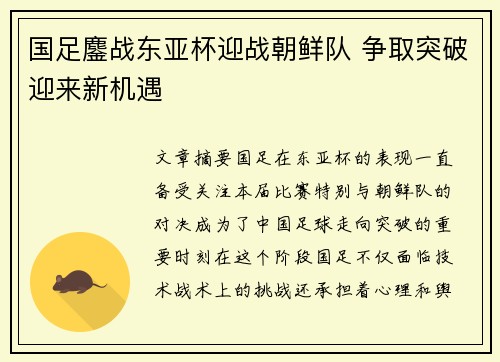 国足鏖战东亚杯迎战朝鲜队 争取突破迎来新机遇